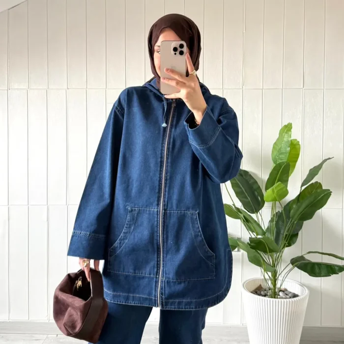 Kapüşonlu Cepli Kot Denim Tunik Pantolon Takım