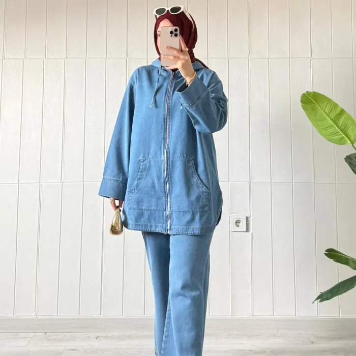 Kapüşonlu Cepli Kot Denim Tunik Pantolon Takım - 38, İNDİGO
