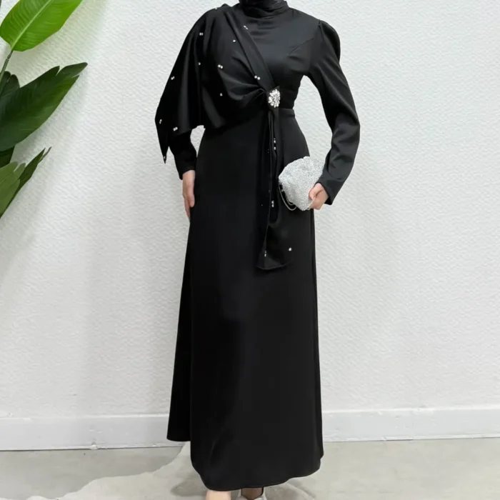 Yeni Sezon Lara Taşlı Broşlu Beg Saten Kumaş Tesettür Abiye
