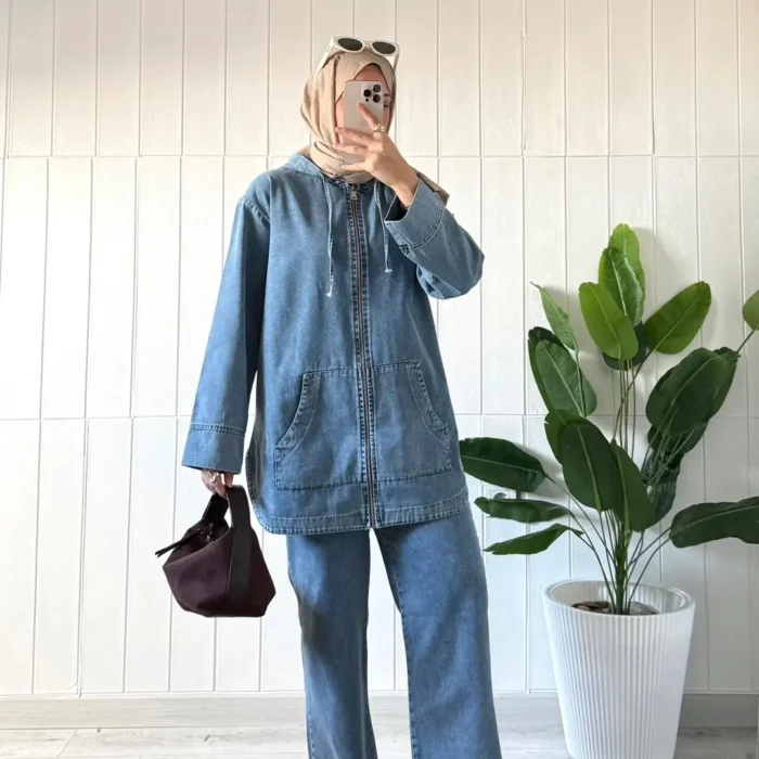 Kapüşonlu Cepli Kot Denim Tunik Pantolon Takım - 38, BUZ MAVİ